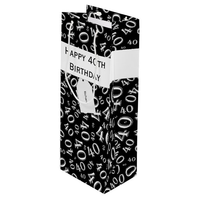 40th Birthday Black/White Number Pattern (W) Wine Gift Bag (Front Angled)