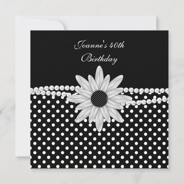 40th Birthday Black White Pearl Flower Spot Invitation (Front)