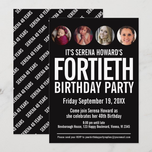 40th Birthday black white photo circles Invitation (Front/Back)