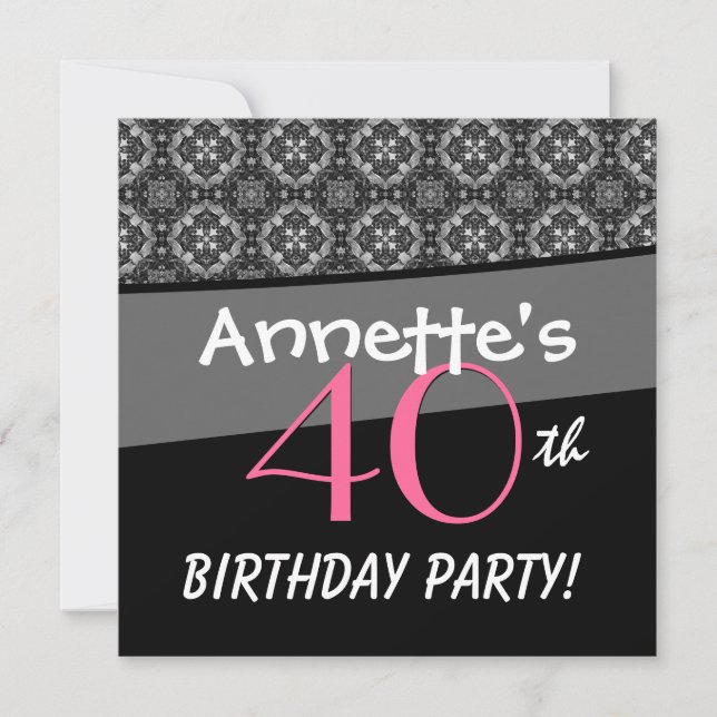 40th Birthday Black White Pink Ornate Diamonds G50 Invitation (Front)