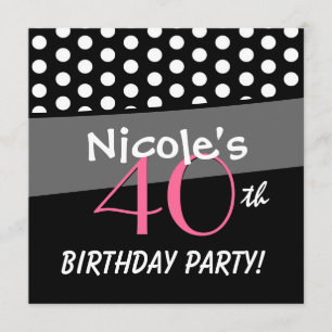 40th Birthday Black White Pink Polka Dots Invitation