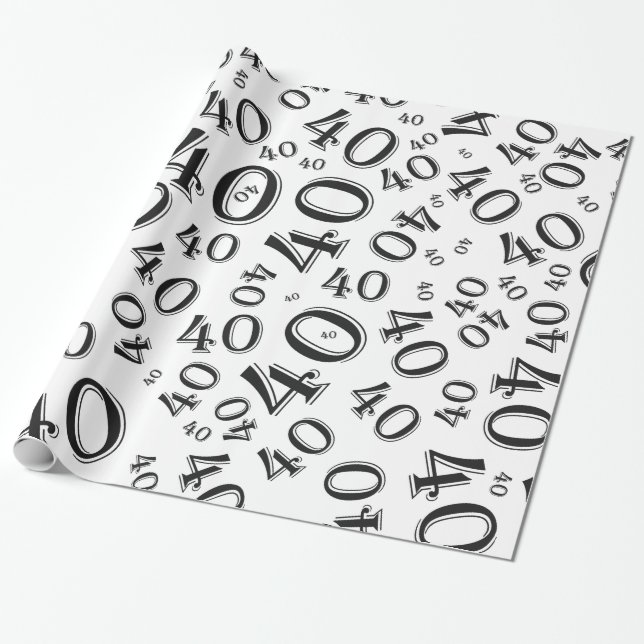 40th Birthday Black/White Random Number Pattern 40 Wrapping Paper (Unrolled)