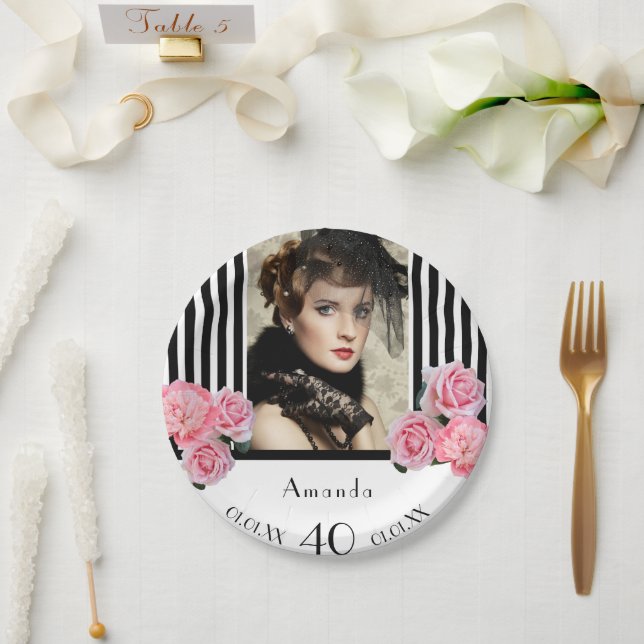 40th birthday black white stripes florals photo paper plate (Wedding)