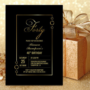 40th Birthday Black with Gold Frame Party Invitation