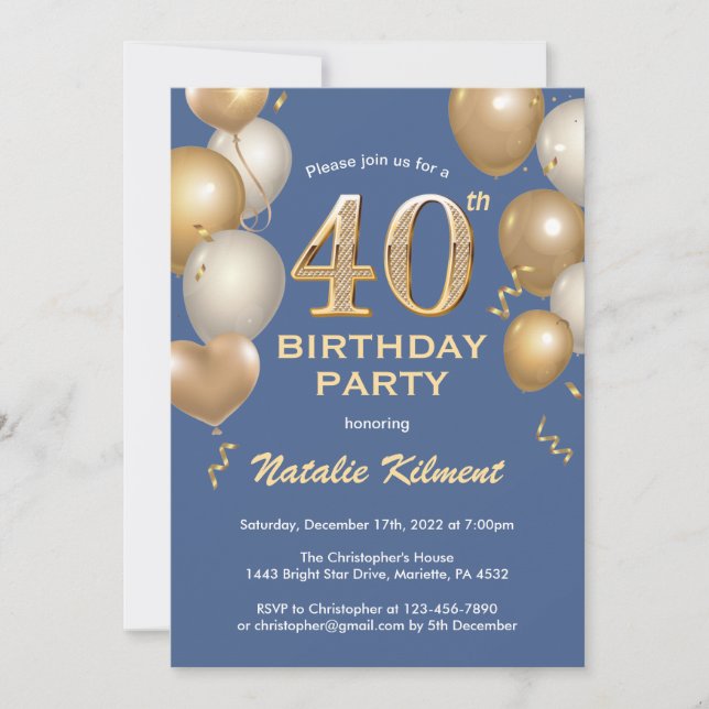 40th Birthday Blue and Gold Glitter Balloons Invitation (Front)