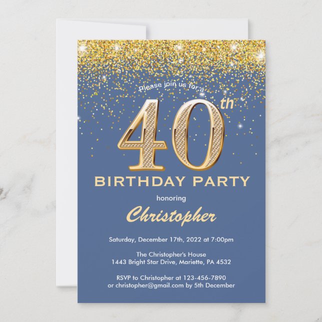 40th Birthday Blue and Gold Glitter Confetti Invitation (Front)