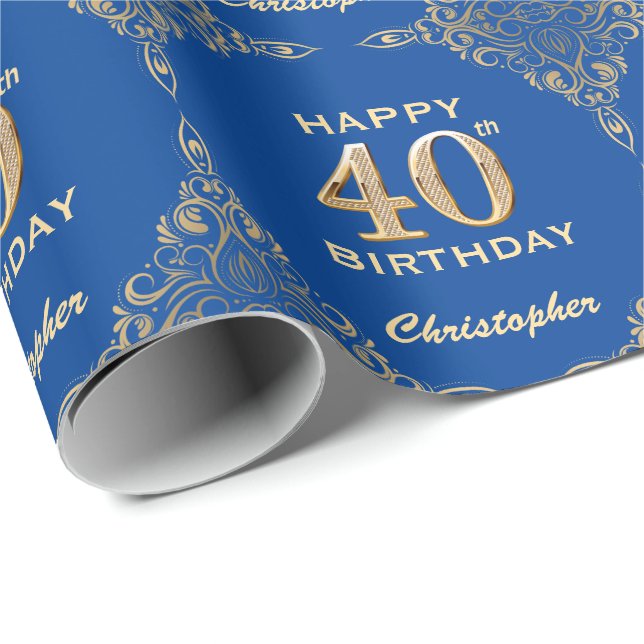 40th Birthday Blue and Gold Glitter Frame Wrapping Paper (Roll Corner)