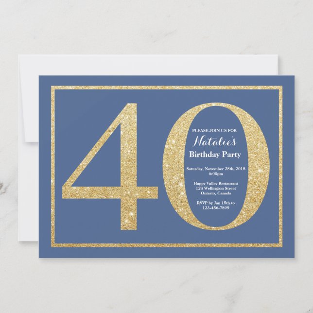 40th Birthday Blue and Gold Glitter Invitation (Front)