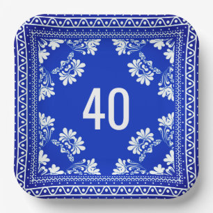 40th Birthday Blue Bandanna Paper Plate