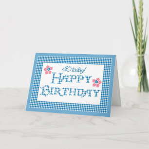 40th Birthday, Blue Check Gingham Pattern Card