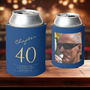 40th Birthday Blue Gold Photo Template Can Cooler