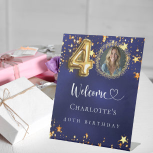 40th Birthday blue gold stars photo welcome Pedestal Sign