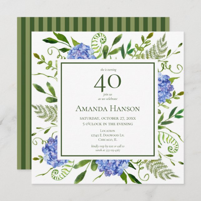 40th Birthday Blue Hydrangeas Invitation (Front/Back)