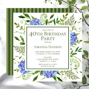 40th Birthday Blue Hydrangeas Invitation