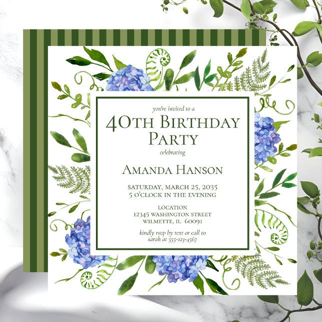40th Birthday Blue Hydrangeas Invitation (Creator Uploaded)