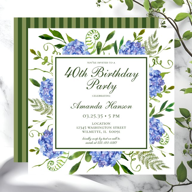 40th Birthday Blue Hydrangeas Script Invitation (Creator Uploaded)