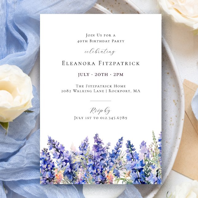 40th Birthday Blue Larkspur July Birth Flower Invitation (Creator Uploaded)