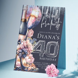 40th Birthday Blue Pink Heel Champagne  Invitation