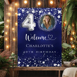 40th Birthday blue silver stars photo welcome Poster<br><div class="desc">A welcome poster for a 40th birthday party.  A navy blue background with elegant faux silver stars. The blue colour is uneven.  Personalise and add a photo,  name and text.  White letters.</div>