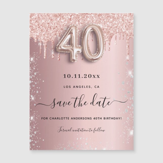40th birthday blush glitter save the date magnet (Front)