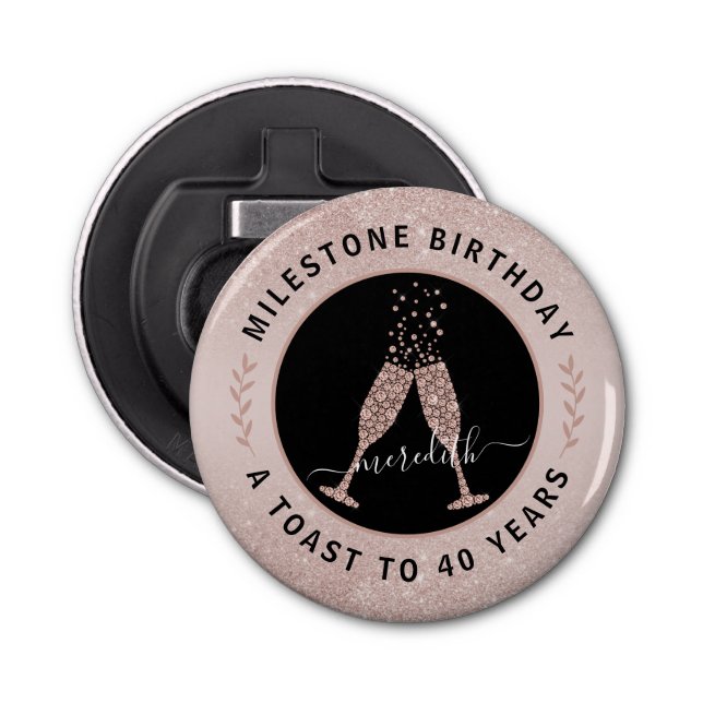 40th Birthday Blush Pink Glitter Champagne Toast Bottle Opener (Front)