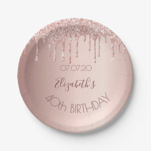 40th birthday blush rose gold glitter drips name paper plate