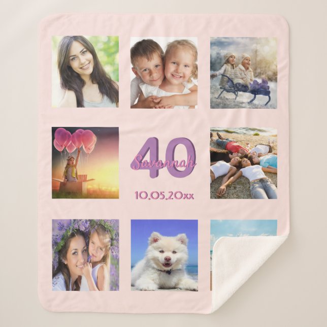 40th birthday blush rose gold name photo collage sherpa blanket (Front)