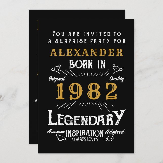 40th Birthday Born 1982 Black Gold Retro Invitation (Front/Back)