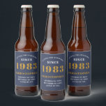 40th Birthday Born 1983 Add Name Blue Gold Beer Bottle Label<br><div class="desc">Personalized Birthday add your name and year beer label. Edit the name and year with the template provided. A wonderful custom blue birthday party accessory. More gifts and party supplies available with the "setting standards" design in the store.</div>