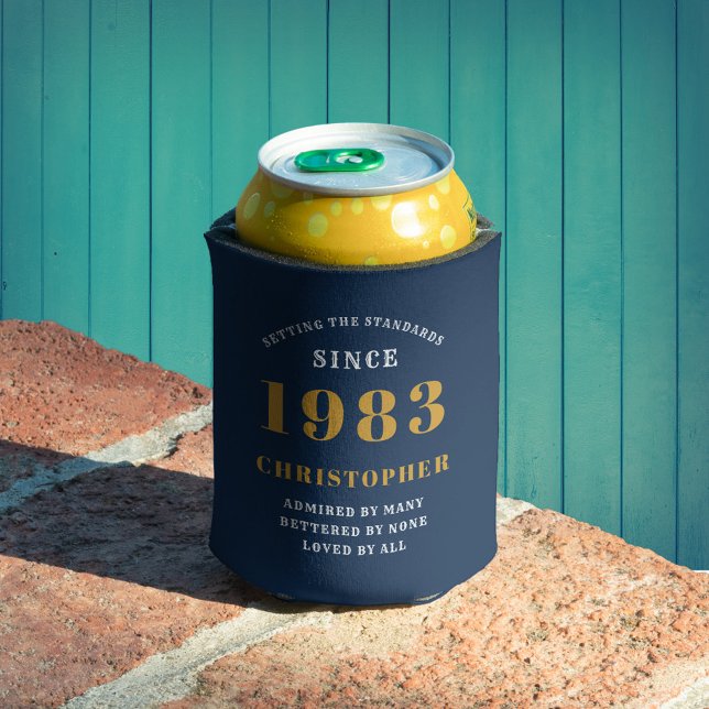 40th Birthday Born 1983 Add Name Blue Gold Can Cooler (Creator Uploaded)