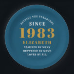 40th Birthday Born 1983 Add Name Blue Gold Paper Plate<br><div class="desc">Personalized Birthday add your name and year paper plate. Edit the name and year with the template provided. A wonderful custom birthday party accessory. More gifts and party supplies available with the "setting standards" design in the store.</div>