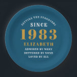 40th Birthday Born 1983 Add Name Blue Gold Paper Plate<br><div class="desc">Personalized Birthday add your name and year paper plate. Edit the name and year with the template provided. A wonderful custom birthday party accessory. More gifts and party supplies available with the "setting standards" design in the store.</div>