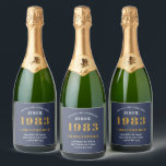 40th Birthday Born 1983 Add Name Blue Gold Sparkling Wine Label<br><div class="desc">Personalized Birthday add your name and year sparkling wine label. Edit the name and year with the template provided. A wonderful custom blue birthday party accessory. More gifts and party supplies available with the "setting standards" design in the store.</div>