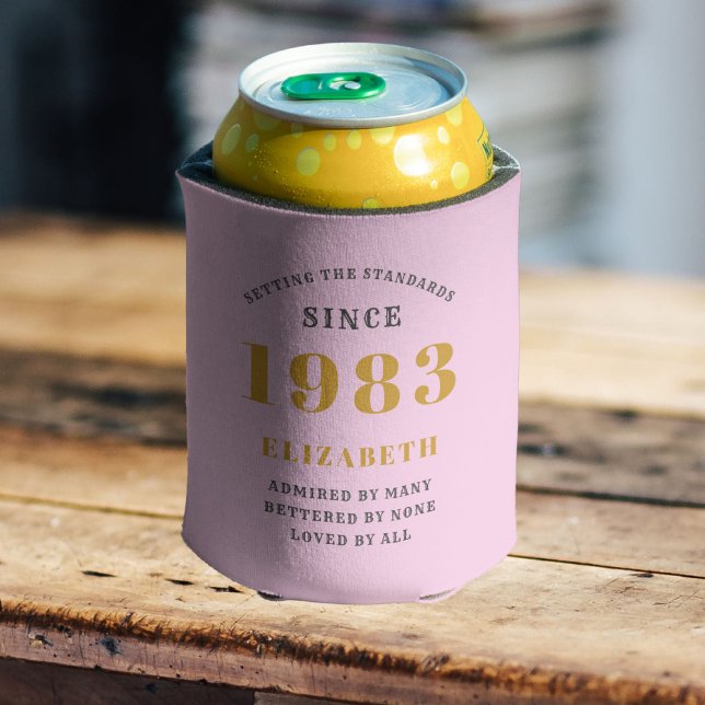 40th Birthday Born 1983 Add Name Pink Grey Can Cooler (Creator Uploaded)