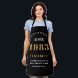 40th Birthday Born 1983 Black Gold Lady's Apron<br><div class="desc">A personalised classic black apron design for that birthday celebration. Add the name to this vintage retro style black, white and gold design for a custom birthday gift. Easily edit the name and year with the template provided. A wonderful custom birthday gift. More gifts and party supplies for that party...</div>