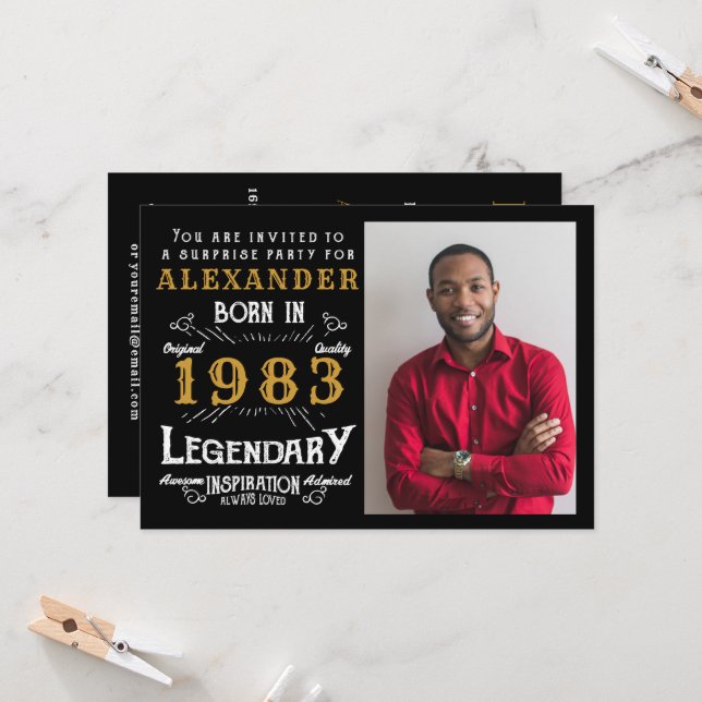 40th Birthday Born 1983 Black Gold Retro Photo Invitation (Front/Back In Situ)