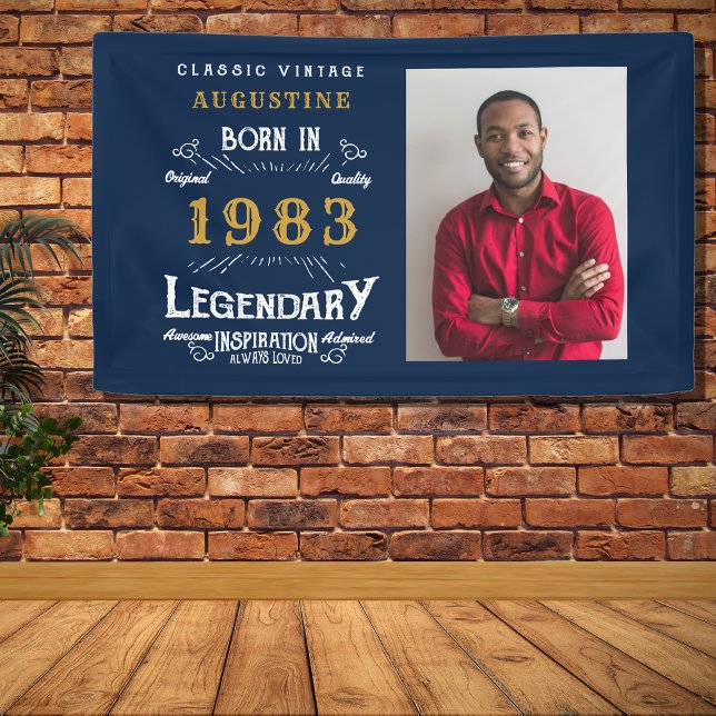 40th Birthday Born 1983 Legend Blue Gold Photo Banner (Celebrate that special birthday with the ultimate banner. Personalized with name, year and photo.)