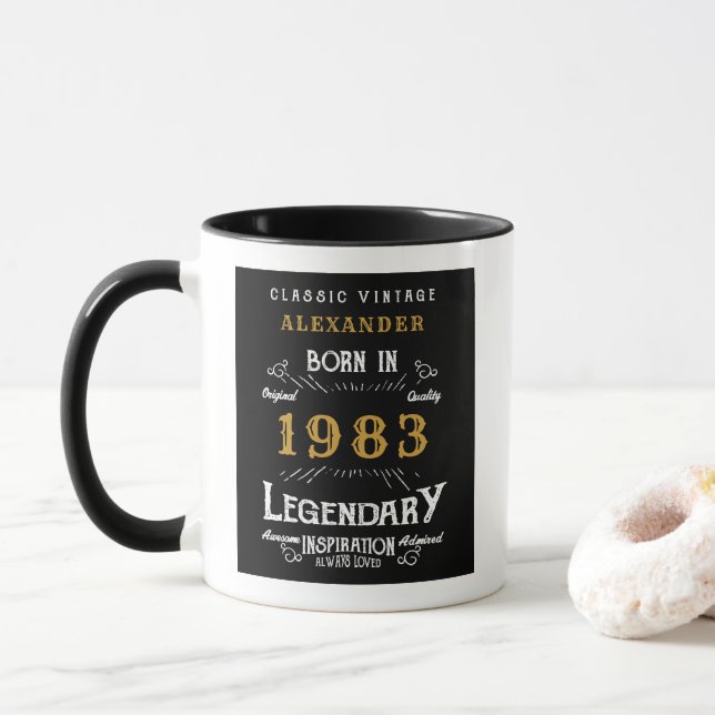 40th Birthday Born 1983 Retro Black Personalised Mug (With Donut)
