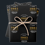 40th Birthday born 1985 Add Name Black Gold Wrapping Paper Sheet<br><div class="desc">A personalised wrapping paper design for that birthday celebration for a special person. Add the name to this vintage retro style black and gold design for a custom birthday gift. Easily edit the name and year with the template provided. A wonderful custom birthday gift. More gifts and party supplies for...</div>