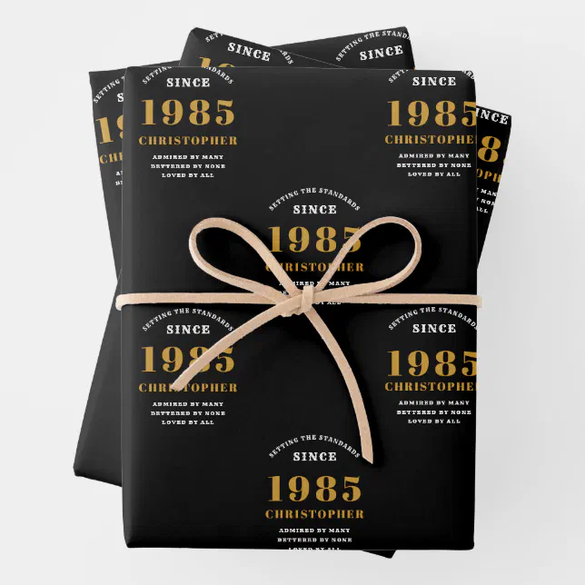 40th Birthday born 1985 Add Name Black Gold Wrapping Paper Sheet | Zazzle