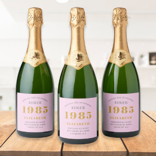 40th Birthday Born 1985 Add Name Pink Grey Sparkling Wine Label