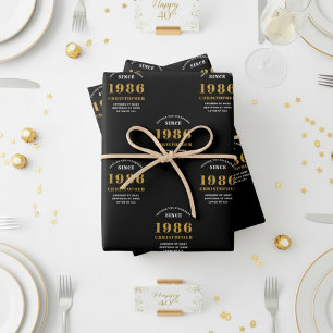 40th Birthday born 1986 Add Name Black Gold Wrapping Paper Sheet