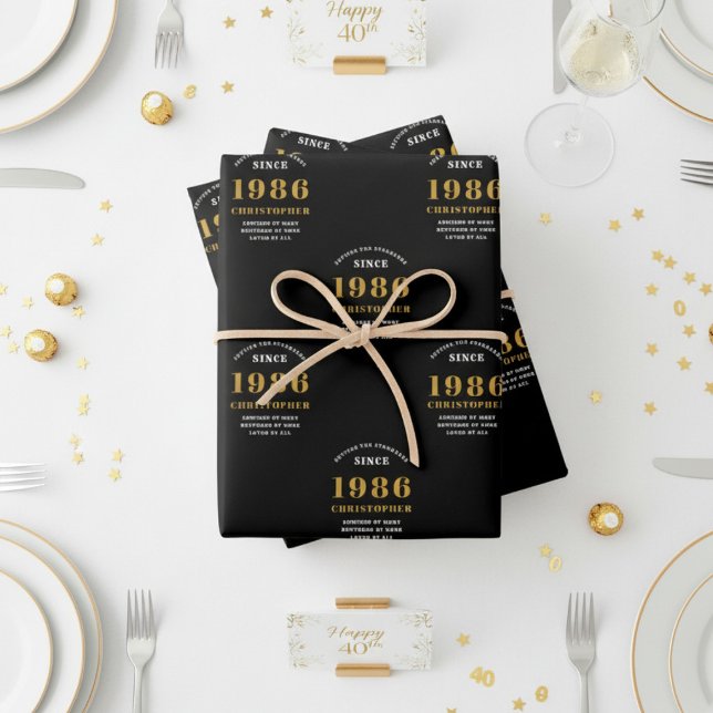 40th Birthday born 1986 Add Name Black Gold Wrapping Paper Sheet (1986 wrapping paper white background)