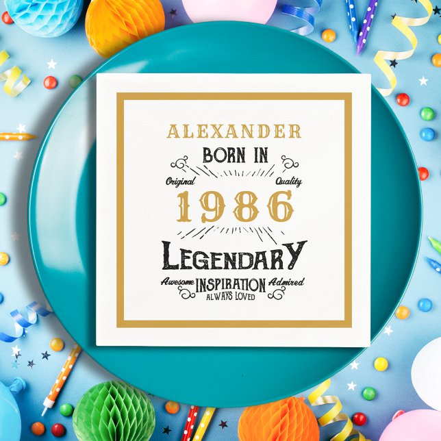 40th Birthday Born 1986 White Gold Legend Napkin (Born 1986 napkin on a blue plate.)