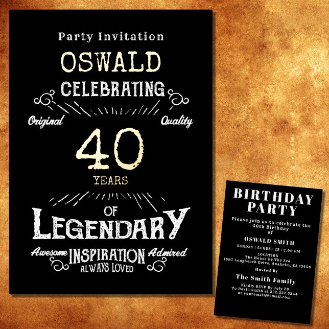 40th Birthday Born Legendary Black Gold Retro (For those celebrating their 40th birthday we have the ideal birthday party invitation)