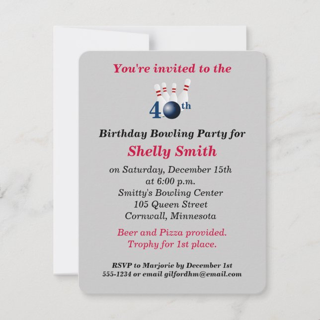 40th Birthday Bowling Party Invitation (Front)