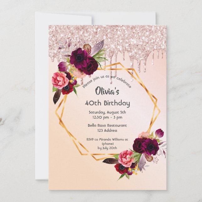 40th birthday burgundy florals rose gold glitter invitation (Front)