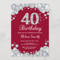 40th Birthday Burgundy Red and Silver Diamond
