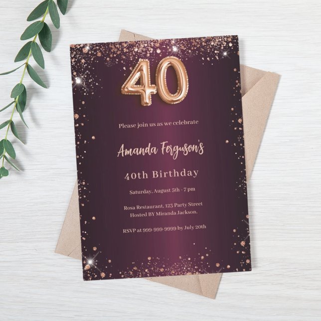 40th birthday burgundy rose gold invitation (Creator Uploaded)