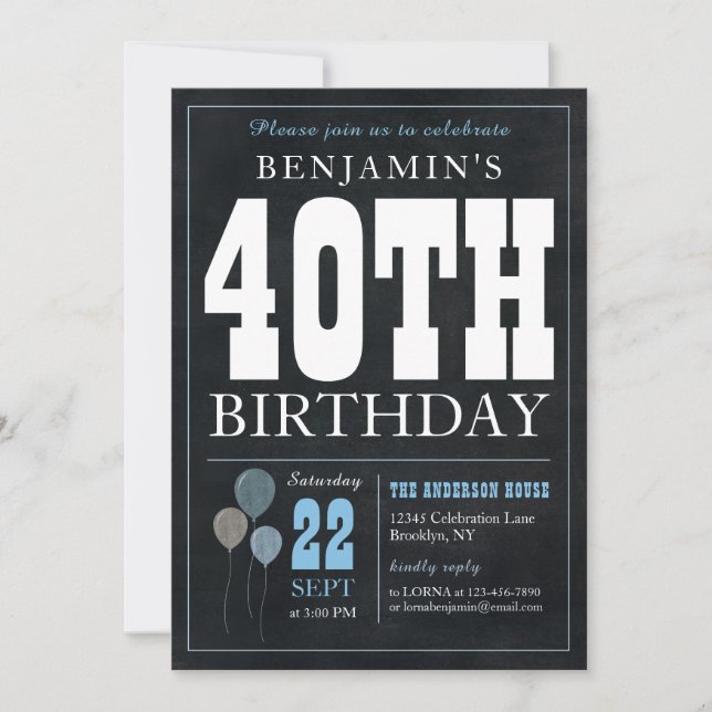 40th Birthday Chalkboard Blue Balloon Rustic Chic Invitation (Front)